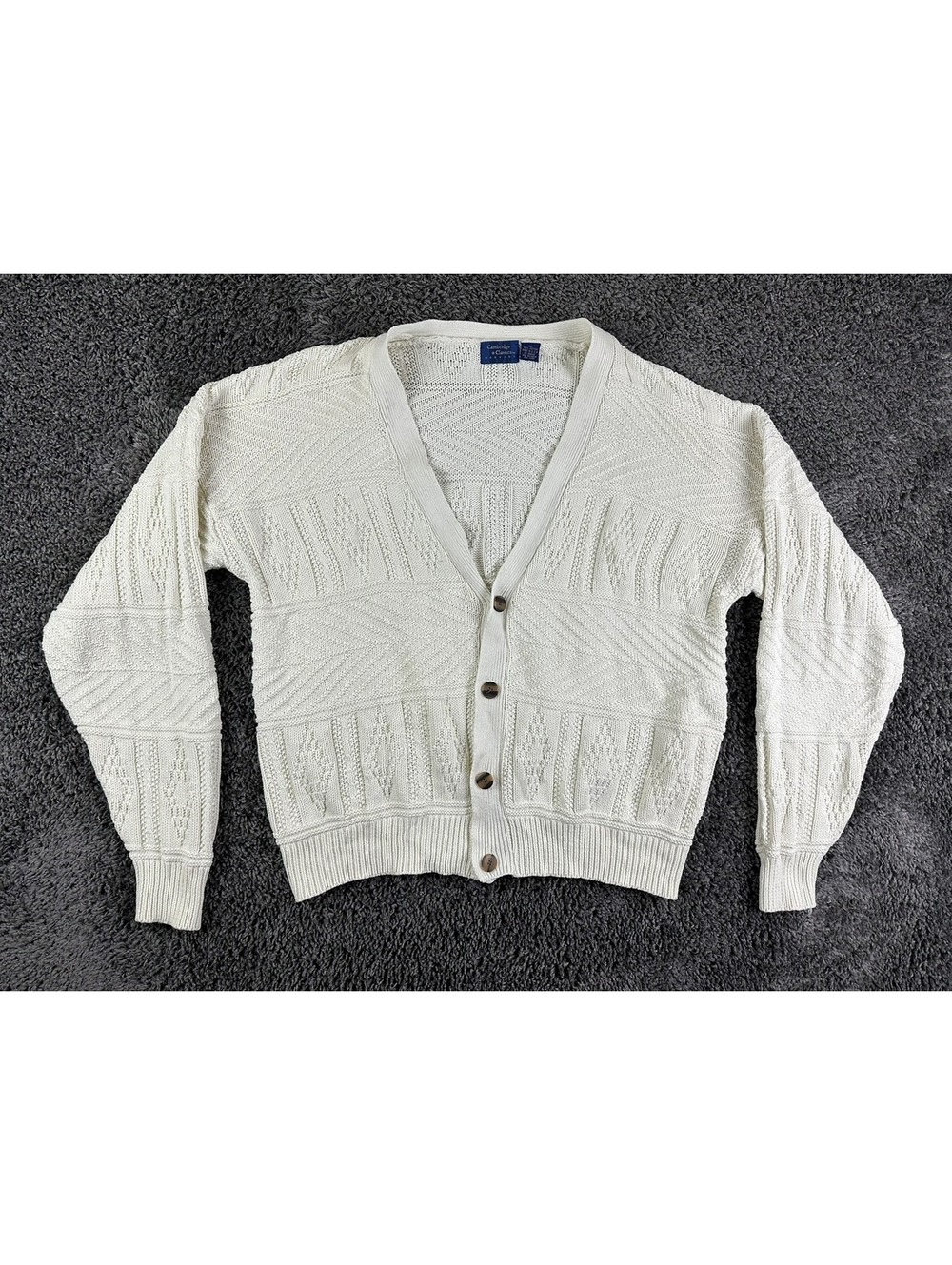 Vintage Cambridge Classics Mens Cardigan Sweater XL Cream Cotton Knit USA Made